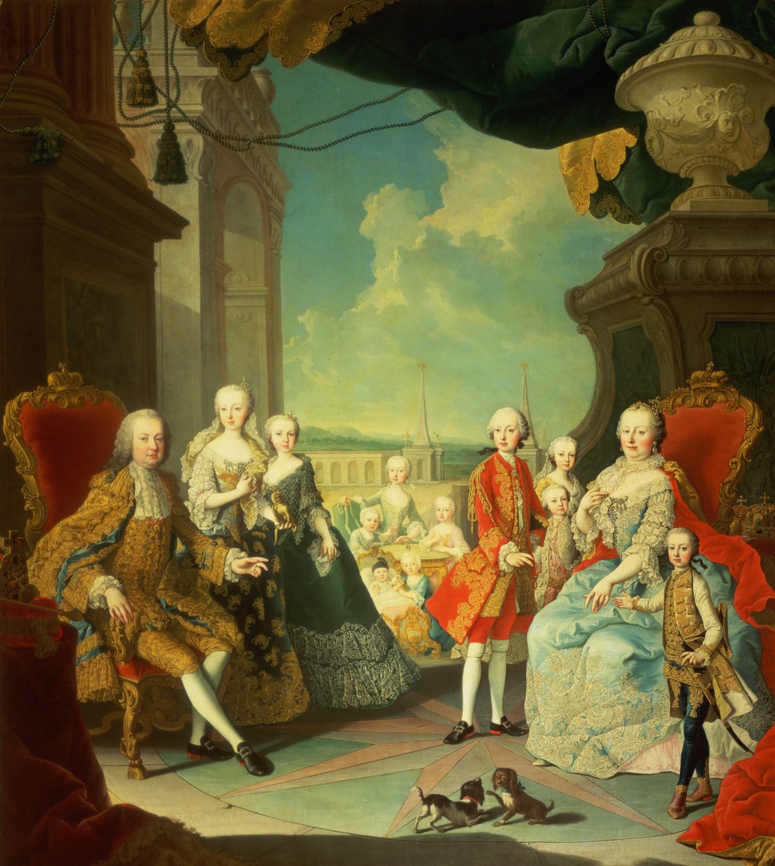 Maria Theresa og mannen hennes ved trappen som fører fra den store salen til Schloss Schonbrunn inn i den store gårdsplassen, med barna deres Joseph II, Karl, Leopold II, Ferdinand, Mariana, Elizabet av Martin II Mytens or Meytens