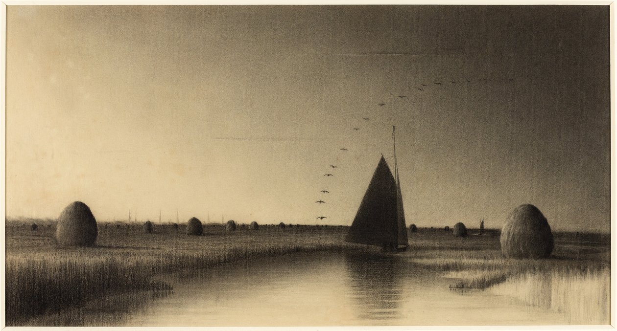Seilbåt og høystakker på Newbury Marsh av Martin Johnson Heade