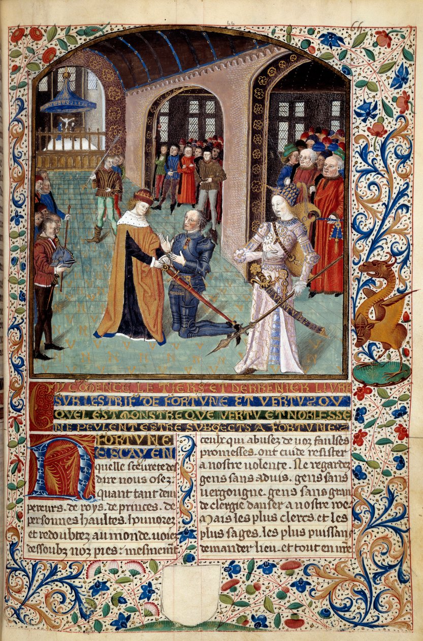 Allegory of Virtue: vasall som hyller sin herre i nærvær av dyd. Miniatyr fra «The Spirit of Fortune and Virtue» av Martin Le Franc (1410-1461) 1447-1448, Paris B.N. av Martin Le Franc