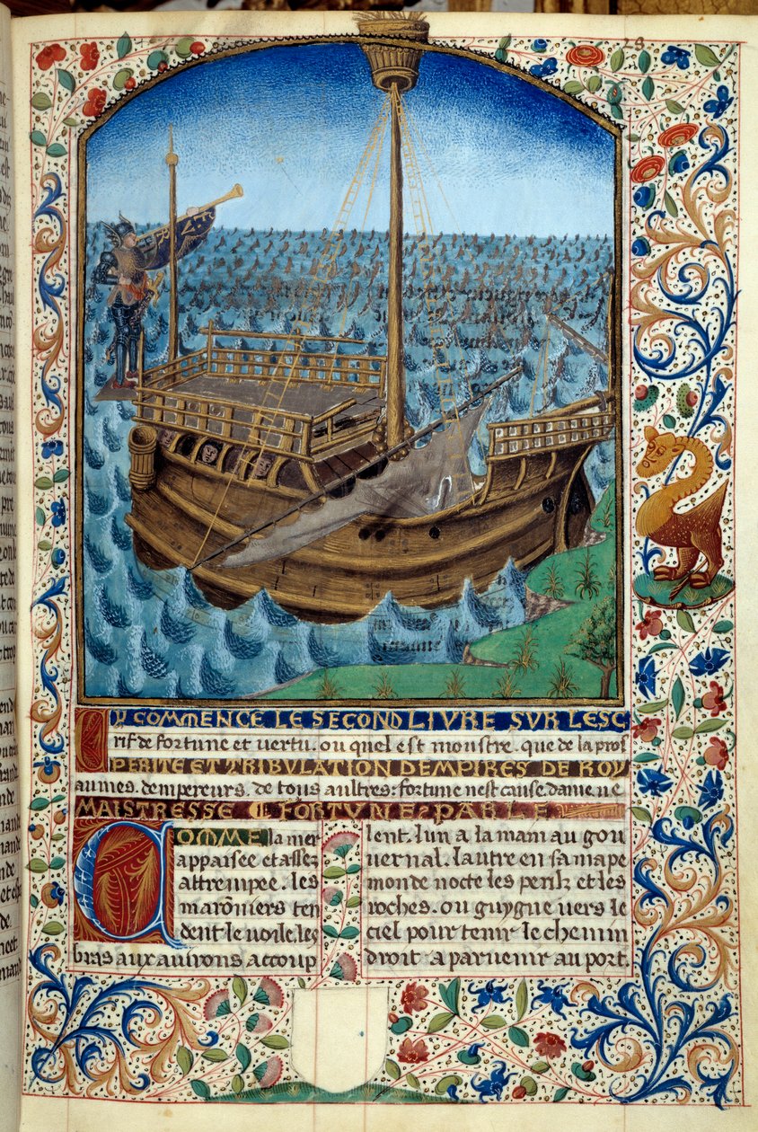 Representasjon av et skip til sjøs - Miniatyr fra "The spirit of fortune and dyd" av Martin Le Franc (1410-1461) 1447-1448 - Paris B.N. - Ship at sea - Miniatyrmaleri fra manuskriptet "The spirit of fortune and dyd" av Martin Le Franc (1410-1461) av Martin Le Franc