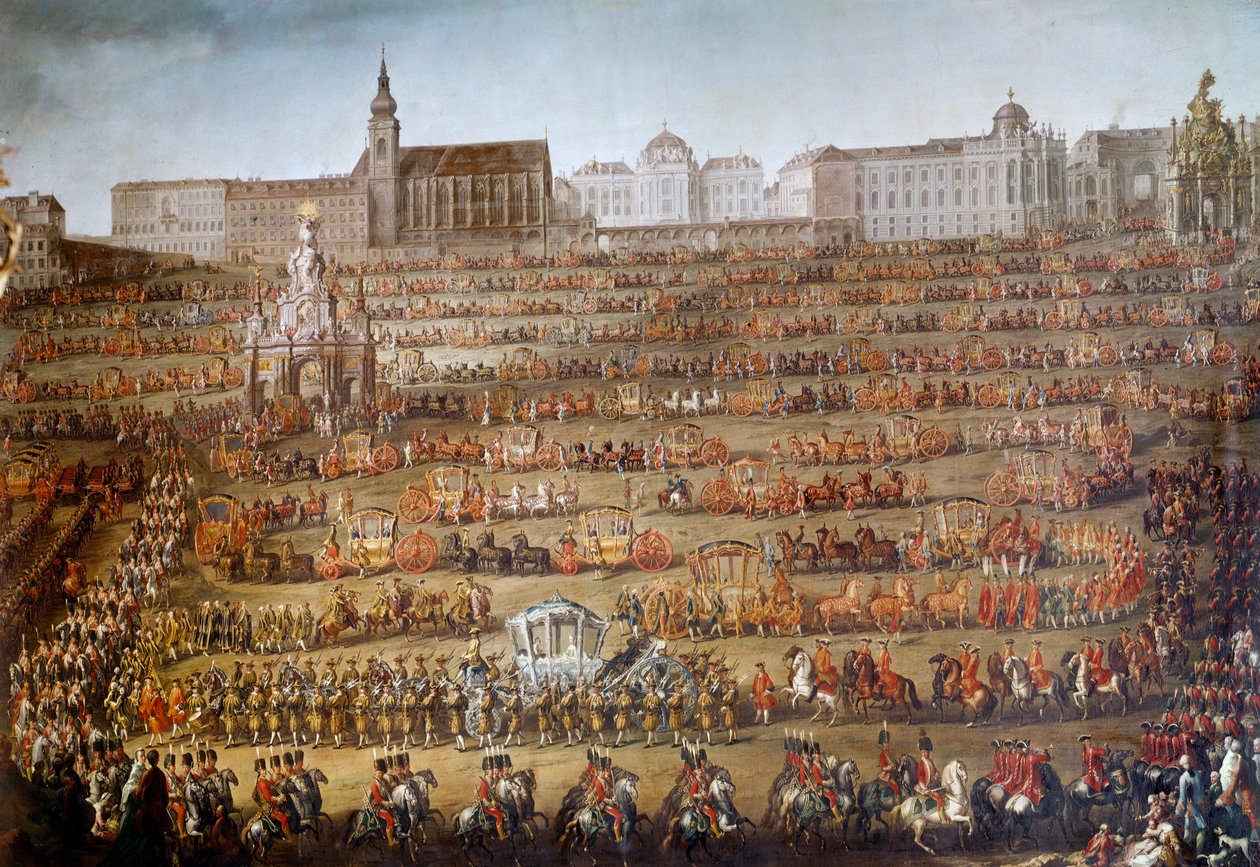 Inngangen til Maria Isabella av Bourbon Parma (1741-1763) til Wien i anledning hennes ekteskap med keiser Joseph II av Østerrike (1741-1790), i bakgrunnen, Augustinernes kirke og hoffets bibliotek En stor kortege er organisert gjennom av Martin Meytens the Younger