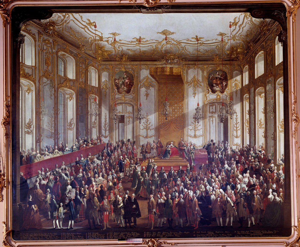 Marie Therese av Østerrike (1717-1780) ved seremonien for institusjon av St. Stefanusordenen i 1764 Maleri av Martin van Meytens (1695-1770) 1764 Wien. Kunsthistorische Museum - Maria Theresa av Østerrike (1717-1780) under investiturseremonien o av Martin Meytens the Younger