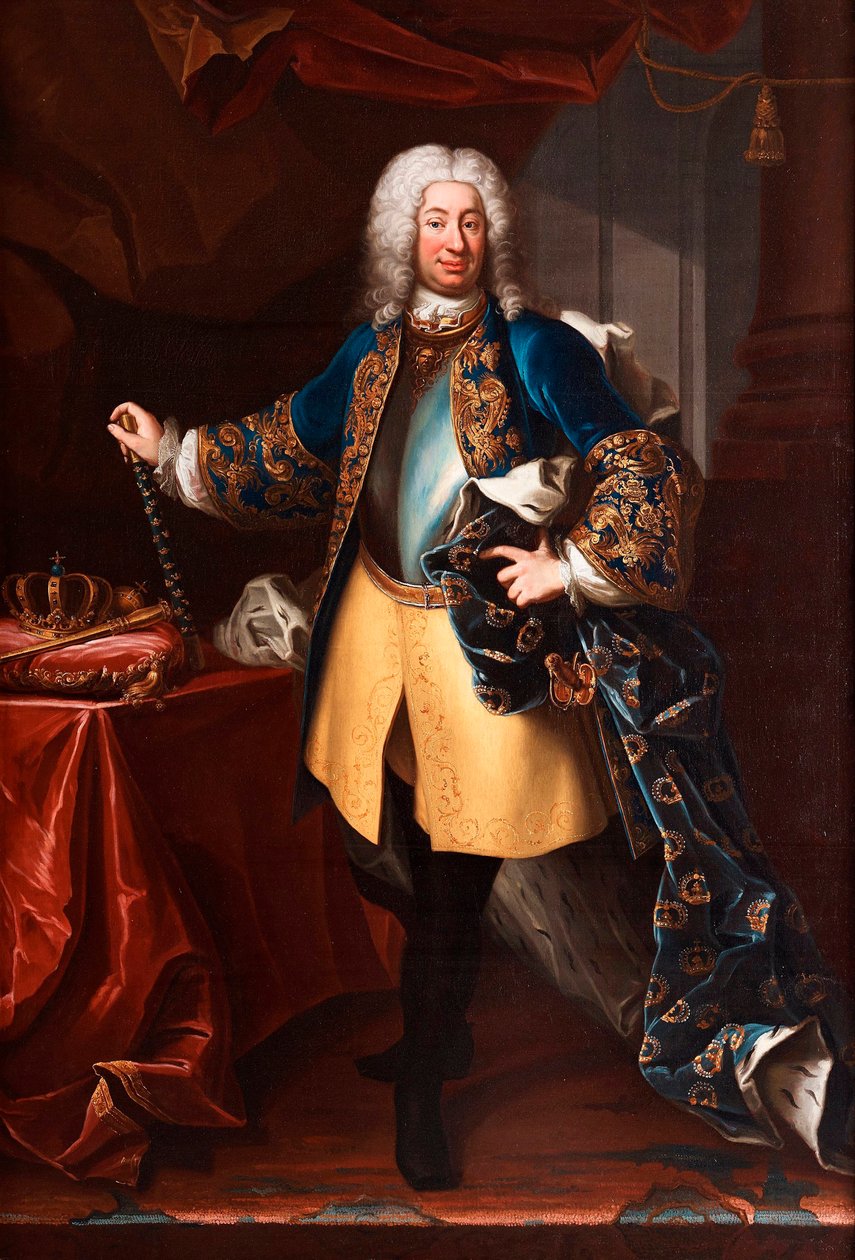 Portrett av Frederick I (Frederick I) (1676-1751) Konge av Sverige og Prins av Finland (Portrett av kong Fredrik I av Sverige (1676-1751)) Maleri av Martin Meytens dit le jeune (1695-1770), ca 1730 - Olje på lerret, 234x158 - Privat samling av Martin Meytens the Younger