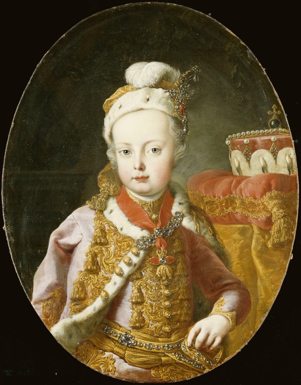 Portrett av erkehertug Joseph, senere keiser Joseph II av Østerrike, halv lengde, i en gullbrodert rosa fløyelsjakke med hermelinstrimler, en fjærkledd lue prydet med en brosje og iført ordenen til det gylne skinn, av Martin Meytens the Younger