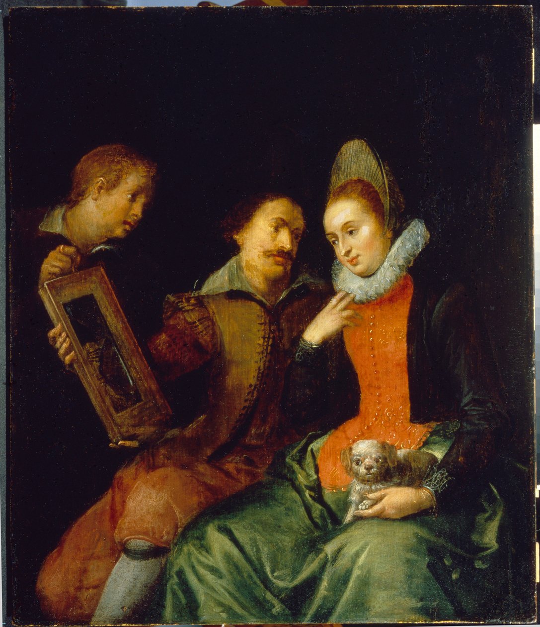 Allegori om syn. En ung kvinne som bærer en liten hund ser på seg selv i et speil holdt av en mann og en tenåring som ser intenst på henne. Maleri av Marten Pepyn (Pepin) (1575-1643), olje på lerret, tidlig 1600-tall, flamsk kunst. Collecti av Martin Pepyn or Pepin