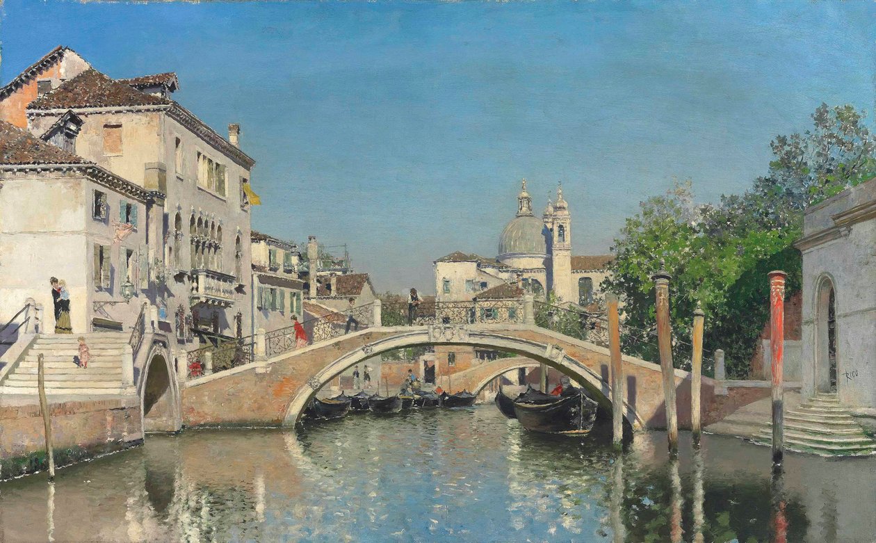 En venetiansk kanal med gondoler, Santa Maria Della Salute utenfor (olje på lerret) av Martín Rico y Ortega