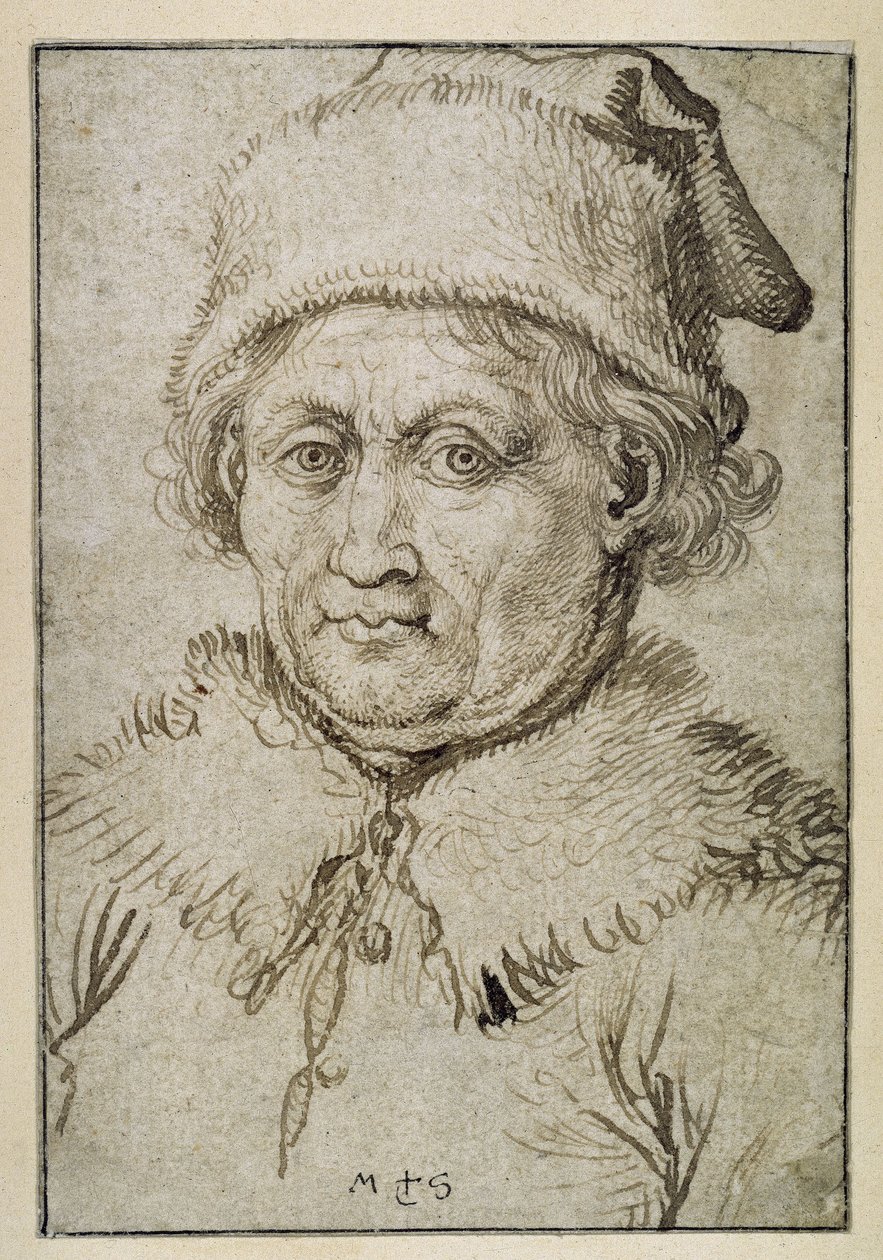 Brystbilde av en gammel mann med pelskrage og pelshatt av Martin Schongauer