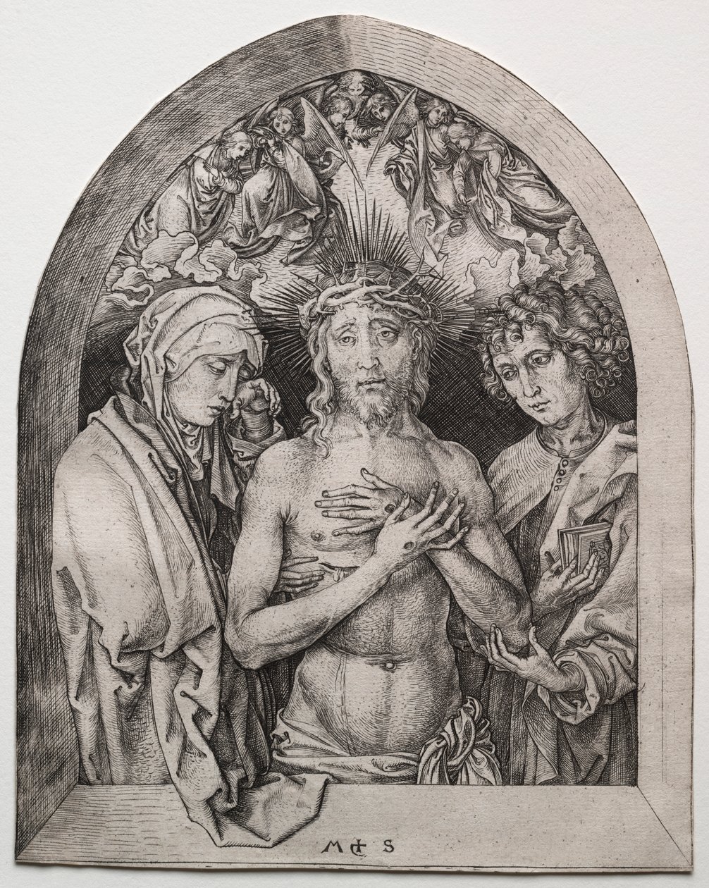 Kristus som sorgens mann mellom jomfruen og den hellige Johannes av Martin Schongauer