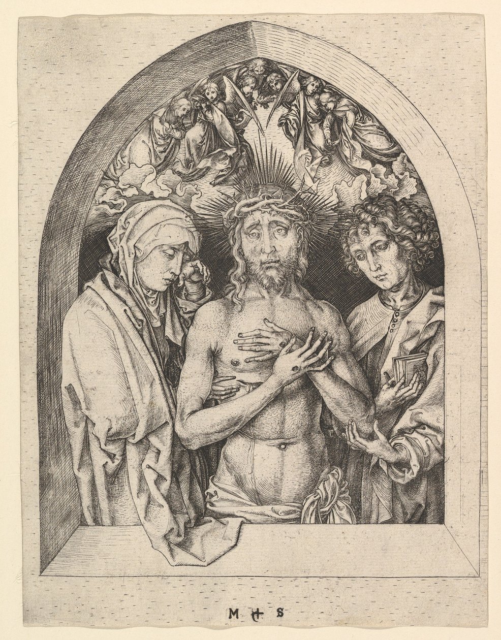 Kristus som sorgens mann med jomfruen og den hellige Johannes, ca. 1435-1491. av Martin Schongauer
