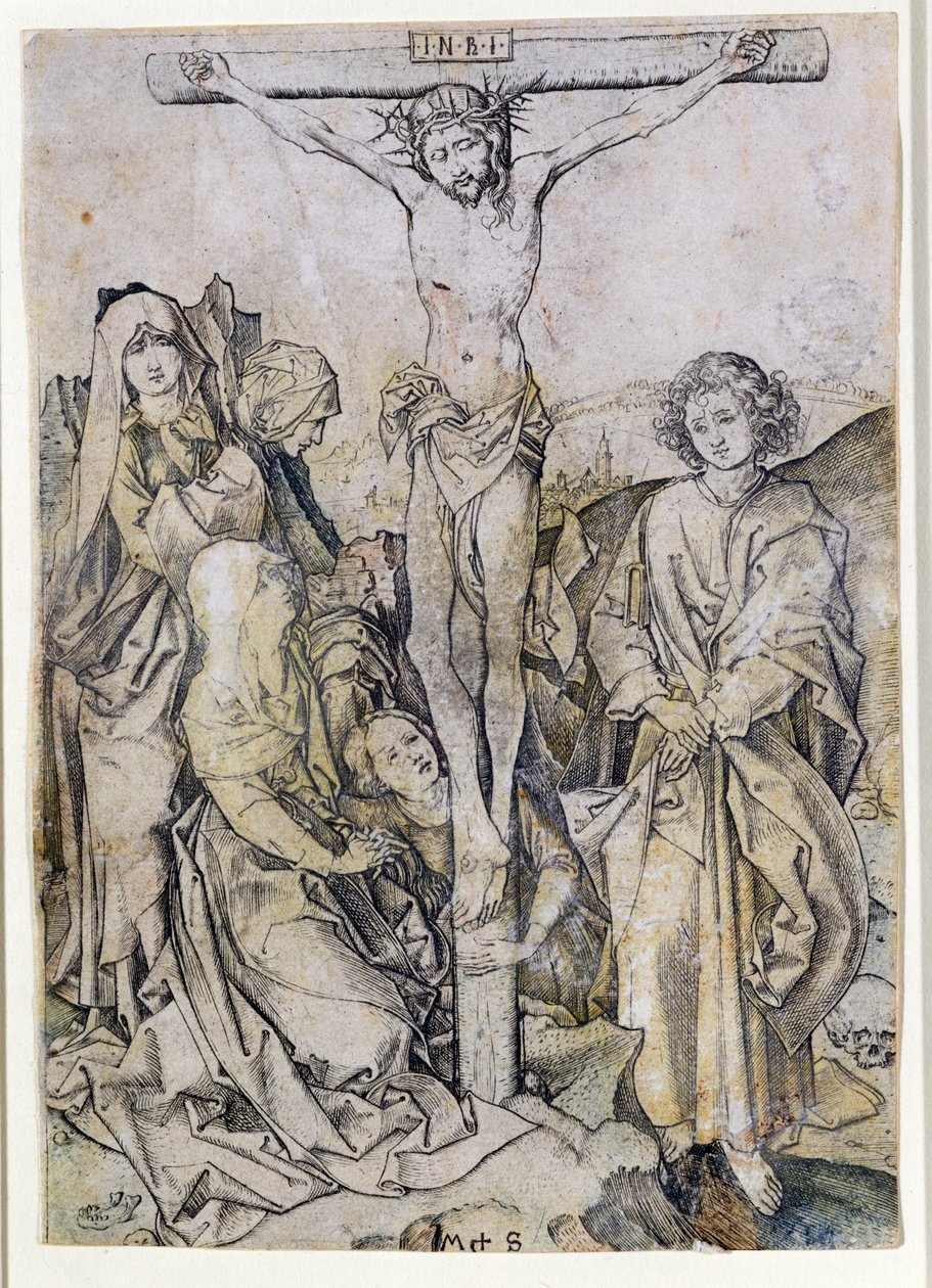 Kristus på korset, med jomfruen og Johannes (gravering) av Martin Schongauer