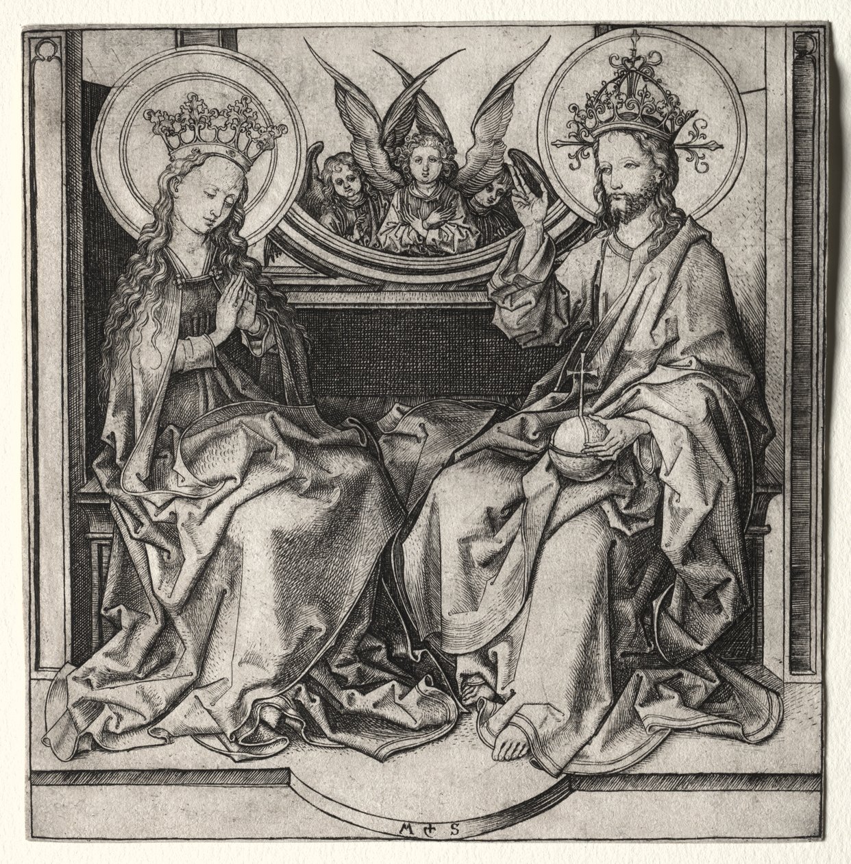 Gud Faderen og den velsignede jomfru på tronen til stede av engler av Martin Schongauer