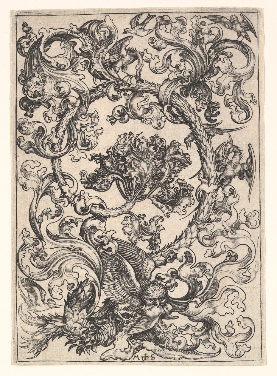 Ornament med ugle hånet av dagfugler, ca. 1435-1491. av Martin Schongauer