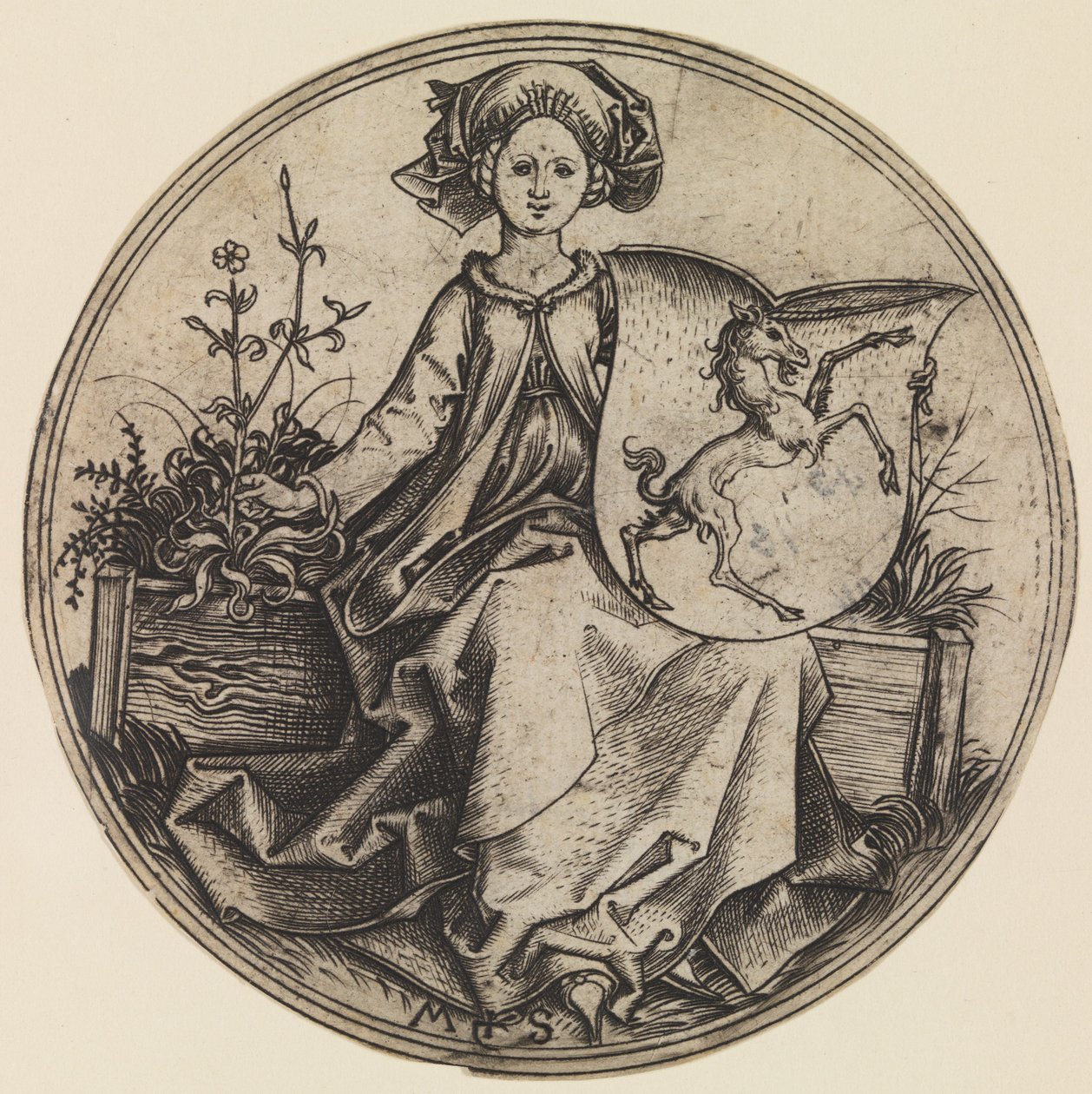 Sittende dame som holder et skjold med en enhjørning, ca. 1435-1491., ca. 1435-1491. av Martin Schongauer