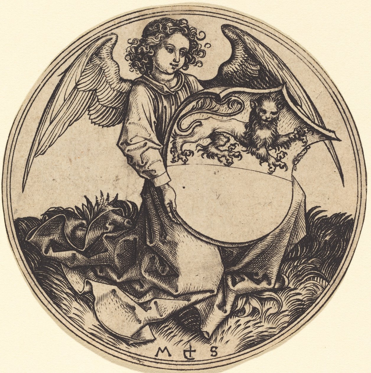 Skjold med løve, holdt av engel av Martin Schongauer