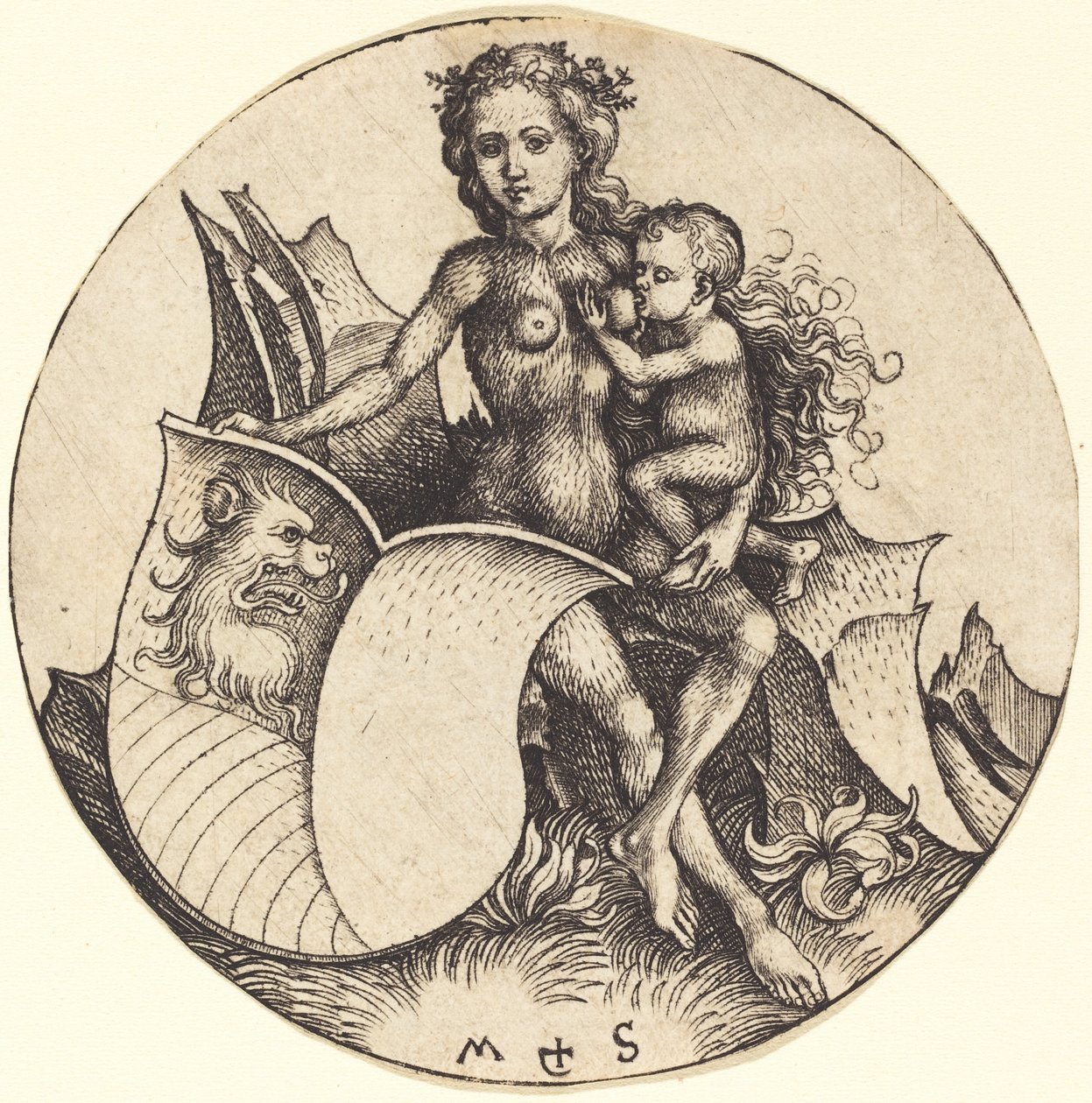 Skjold med løvehode, holdt av Wild Woman av Martin Schongauer