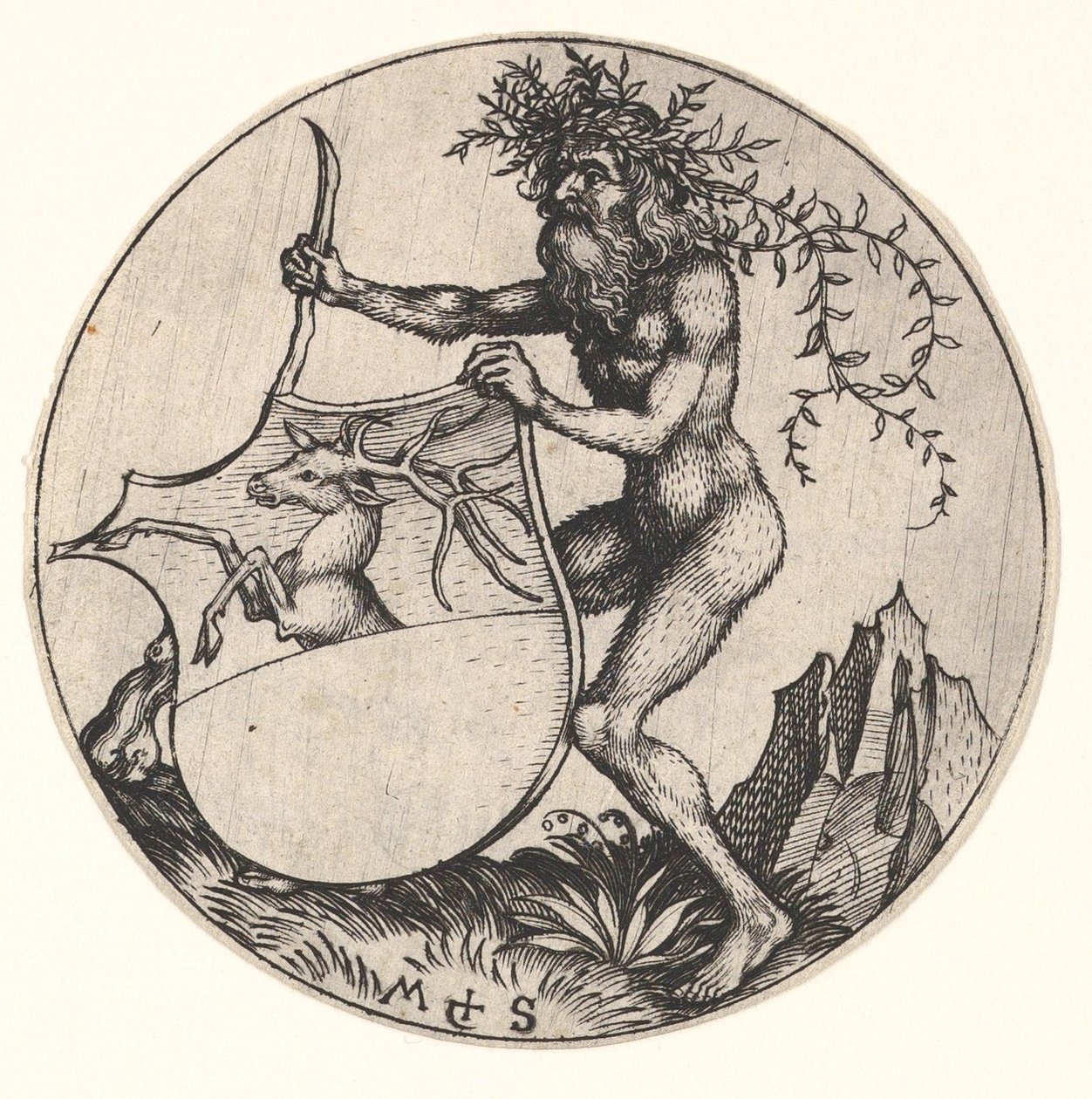 Skjold med hjort holdt av Wild Man, ca. 1435-1491. av Martin Schongauer