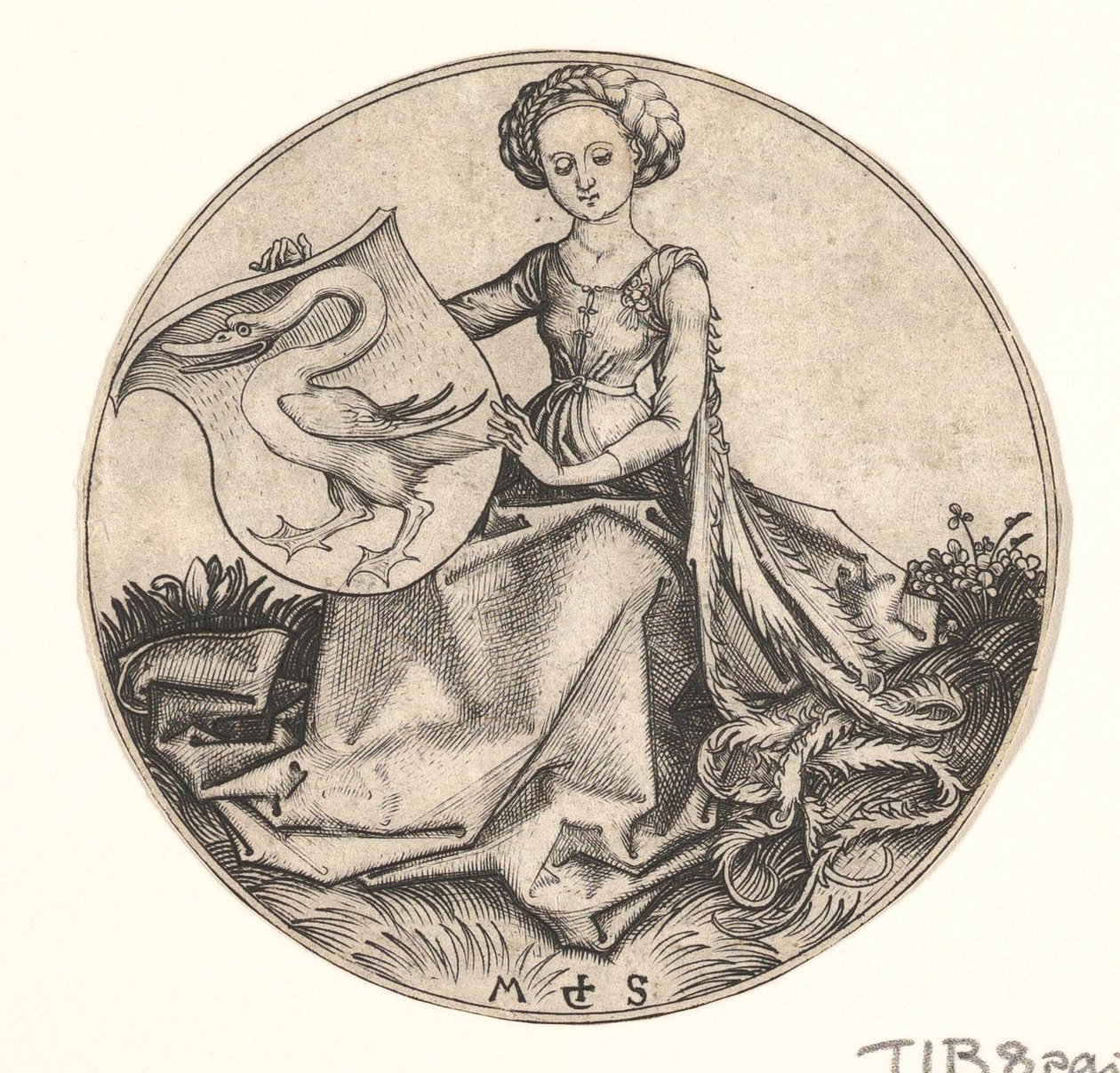 Skjold med svane holdt av kvinne, ca. 1435-1491. av Martin Schongauer