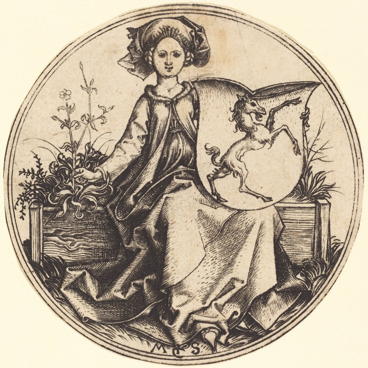 Skjold med enhjørning, holdt av kvinne av Martin Schongauer