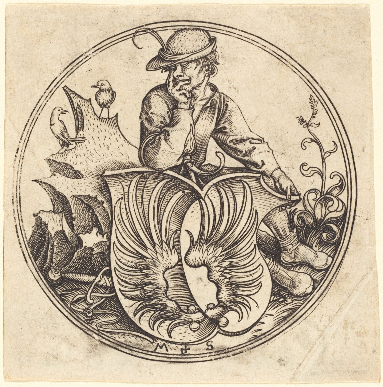 Skjold med vinger, holdt av bonde av Martin Schongauer