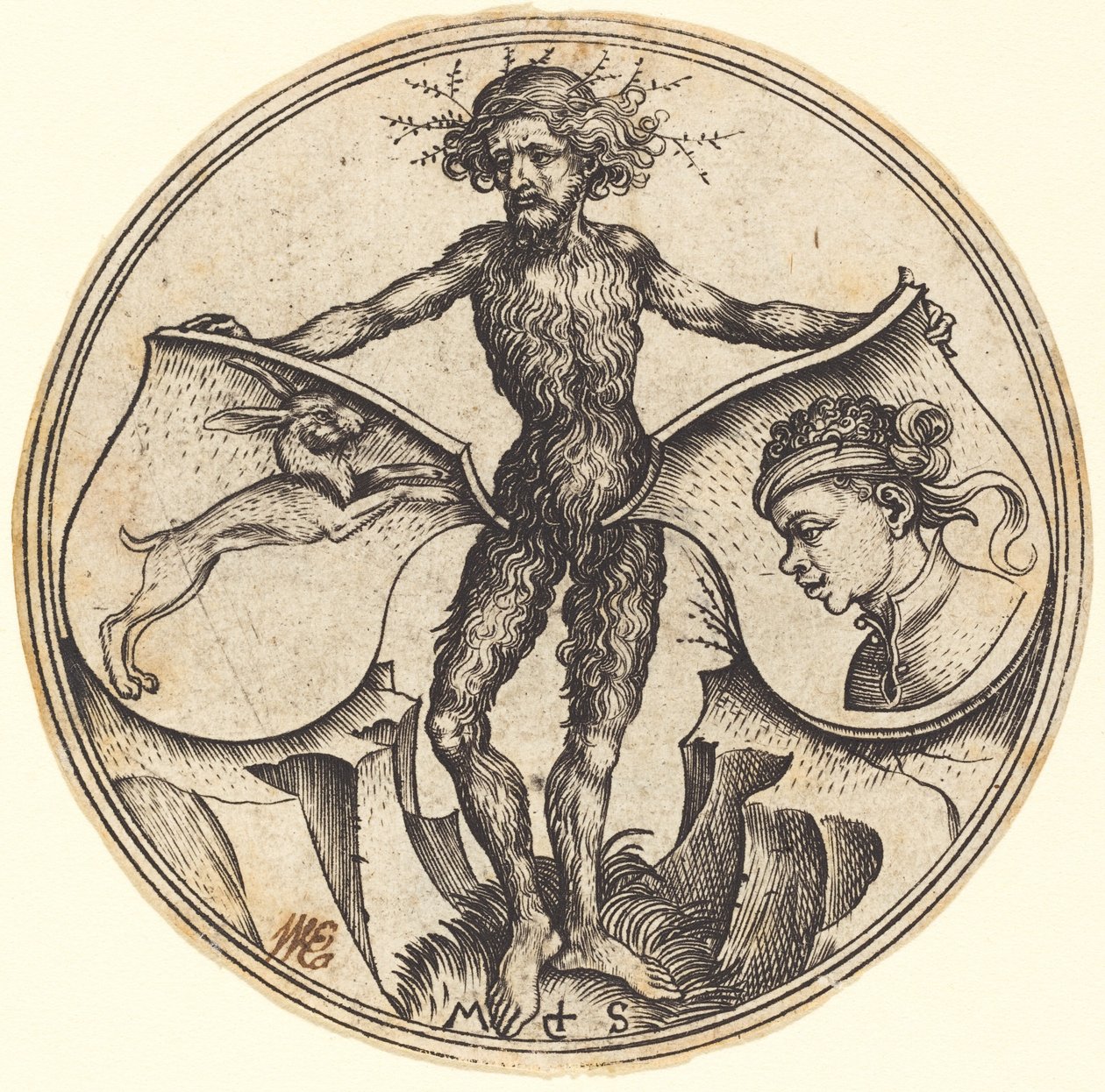 Skjold med kanin- og maurhode, holdt av Wild Man av Martin Schongauer