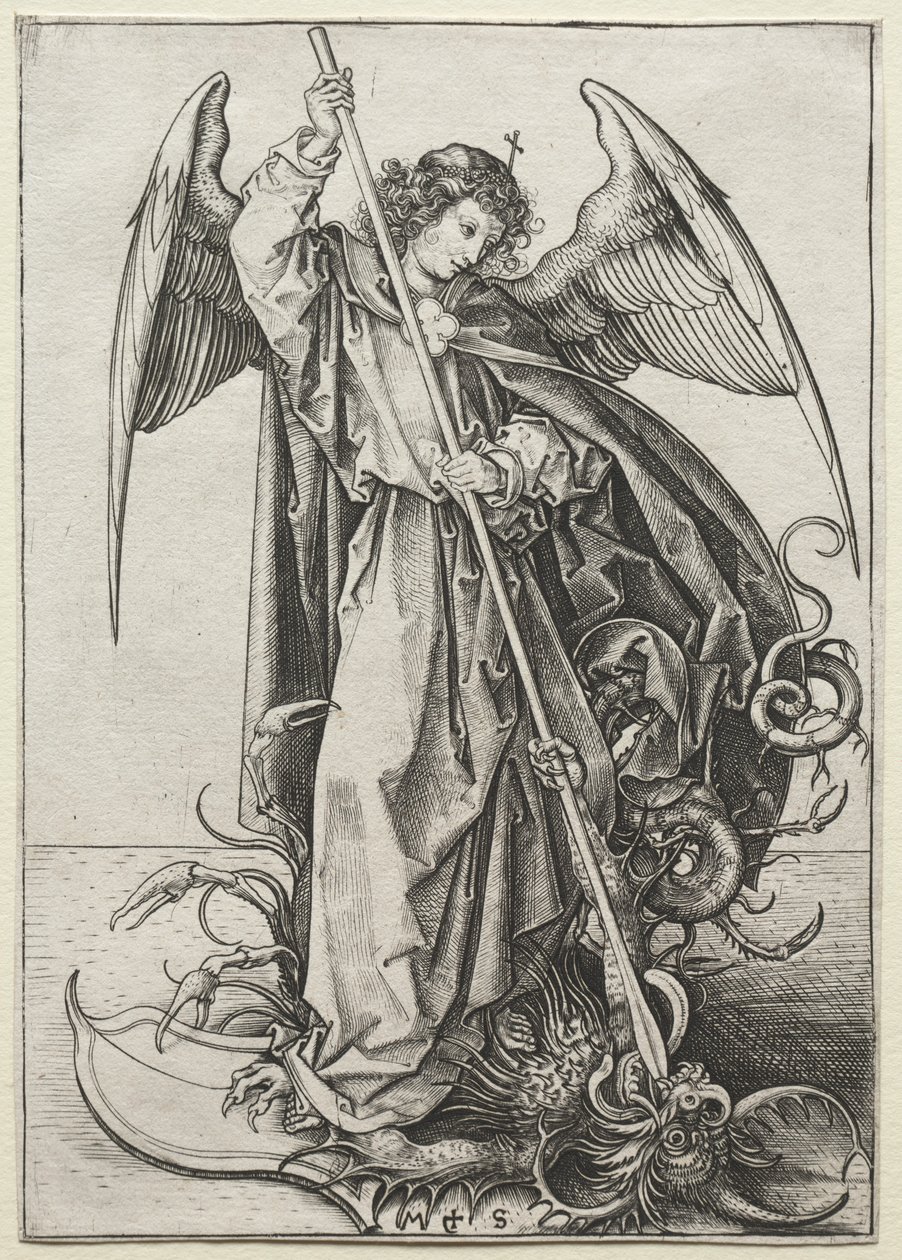 Erkeengelen Michael gjennomborer dragen av Martin Schongauer