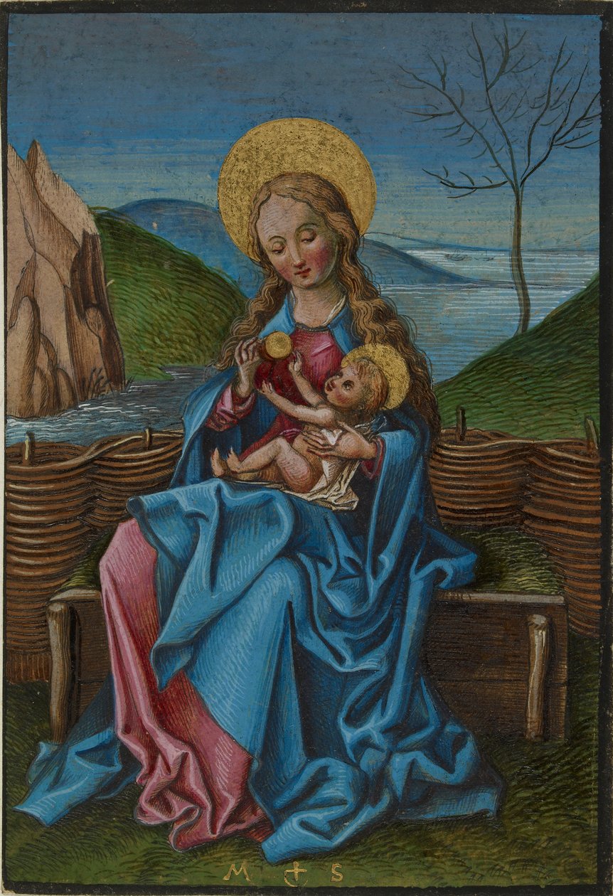 Jomfruen og barnet på en gresskledd benk, sent på 1400-tallet av Martin Schongauer