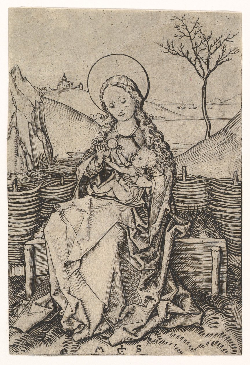 Jomfru og barn på en gresskledd benk, ca. 1435-1491. av Martin Schongauer