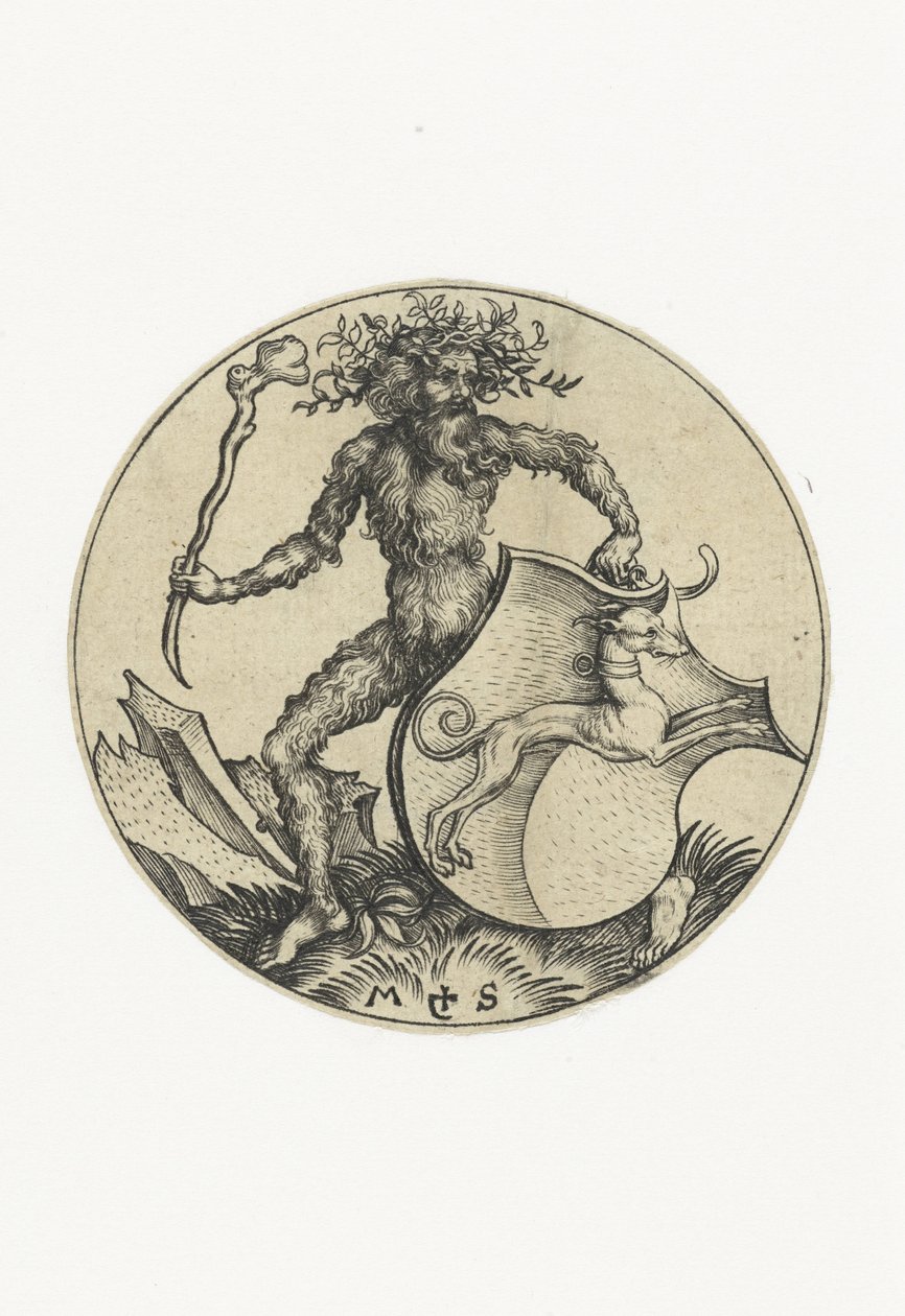Våpenskjold med en hund, holdt av en vill mann med en kølle Figurer med våpenskjold (serietittel) av Martin Schongauer