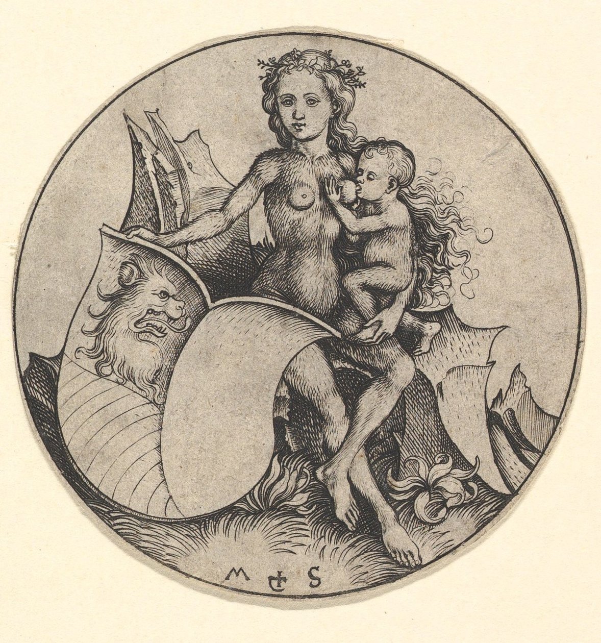 Vill kvinne som holder et skjold med et løvehode, ca. 1435-1491. av Martin Schongauer
