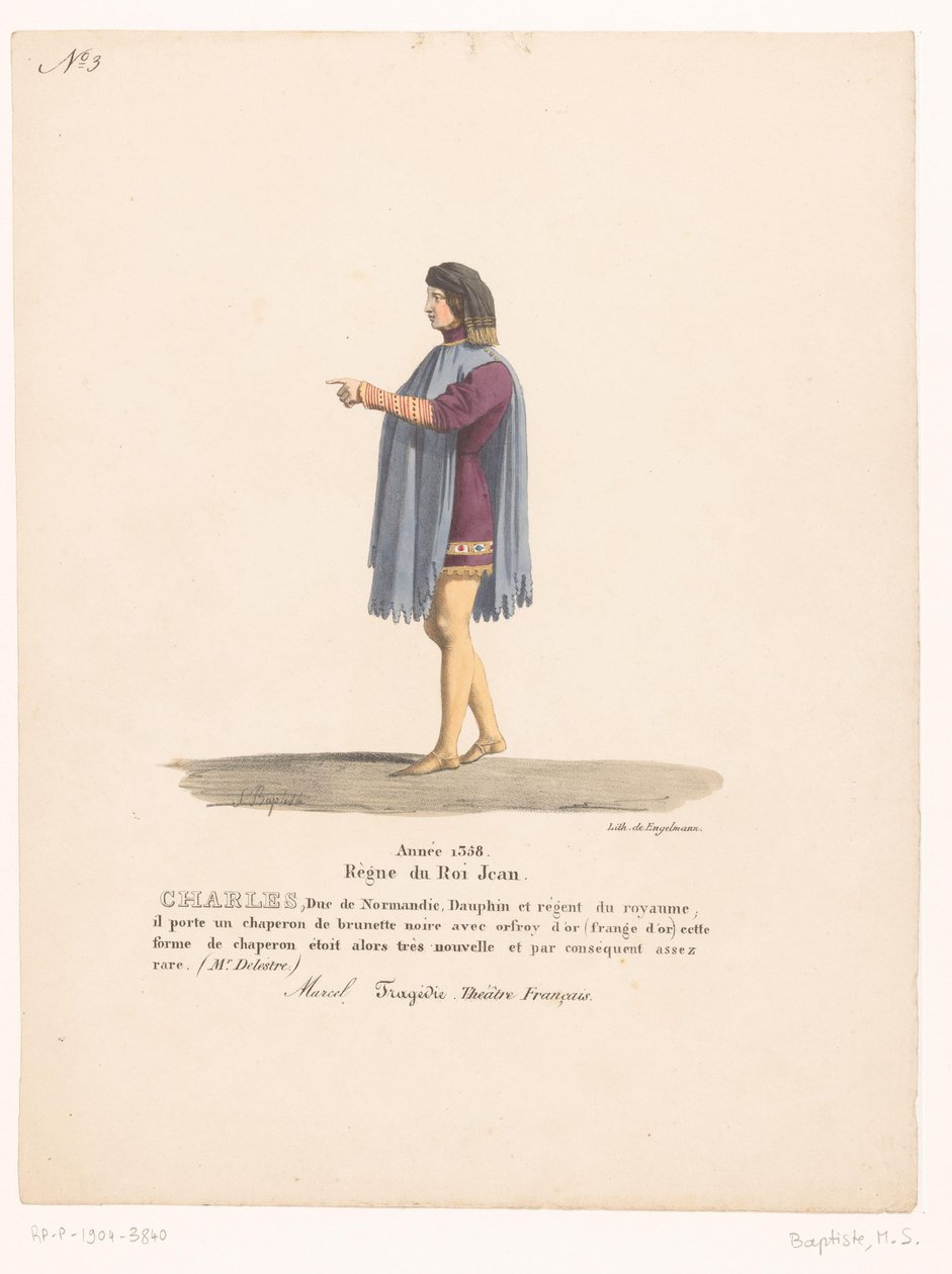 Kostuum van de dauphin Karel van Valois ut av tragedien Marcel Charles, hertug av Normandie (tittel på objekt) Theaterkostuums (serietittel) French Theatre: samling av kostymer av MM. J. Alaux og L. Duponchel fra manuskripttegninger i Bibliot av Martin Sylvestre Baptiste
