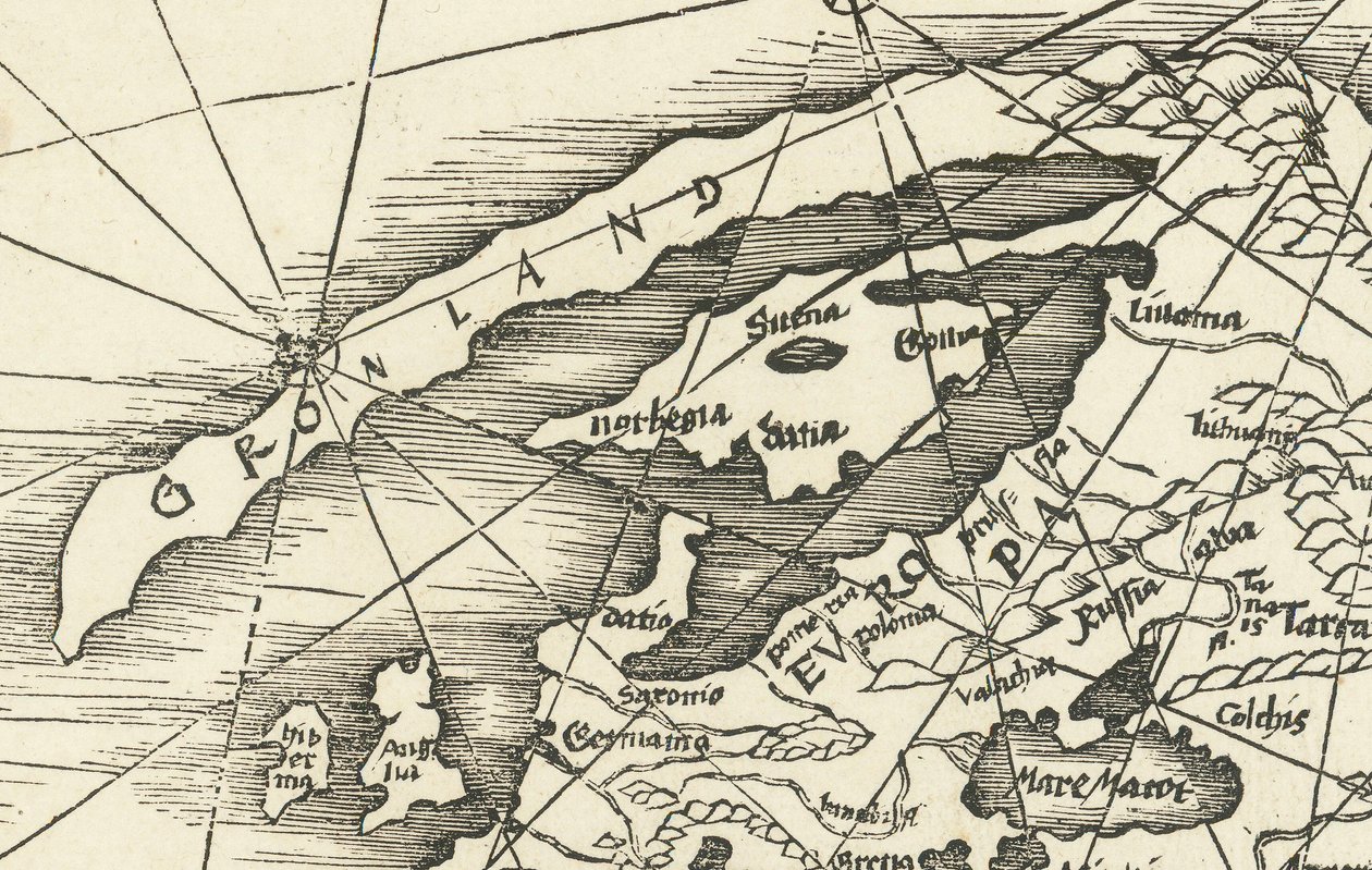 Kart over Nordsjøen fra 1513 som viser Grønland forbundet med Skandinavia av Martin Waldseemuller