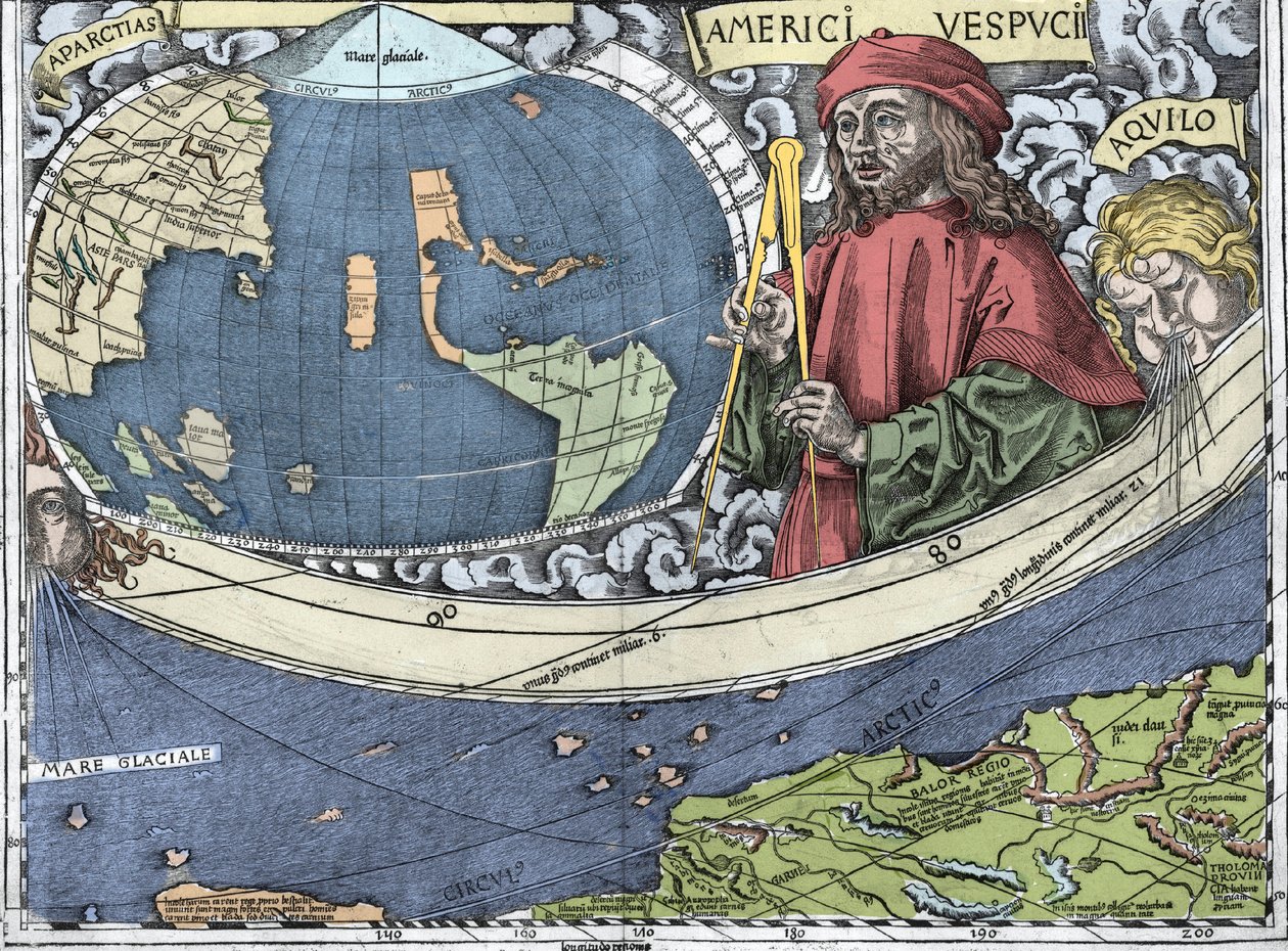 VESPUCCI, Amerigo (1454-1512). Italiensk oppdagelsesreisende og kartografi i "Waldseemuller kart eller Universalis Cosmographia - (Universal Cosmography) - Waldseemuller Planisphere"" - 1507 - av Martin Waldseemuller