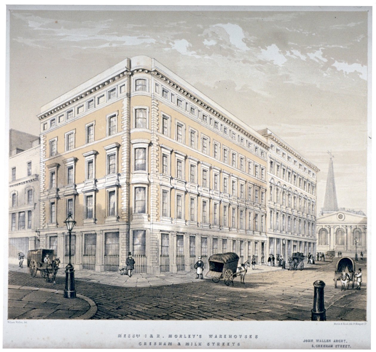 Mrs J&R Morleys varehus, hjørnet av Milk Street og Gresham Street, London, c1840 av Martin and Hood