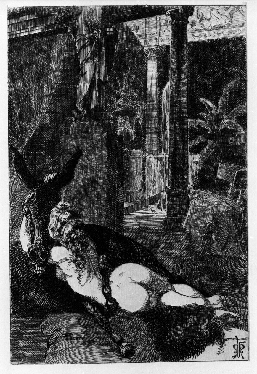 Lucius blir til et esel ved et uhell. Metamorfoser (Golden Donkey eller Asinus aureus), roman skrevet av Apulee (Lucius Apuleius) (rundt 125-rundt 180) på 200-tallet. Etching Water av Martin Van Maele av Martin van Maele