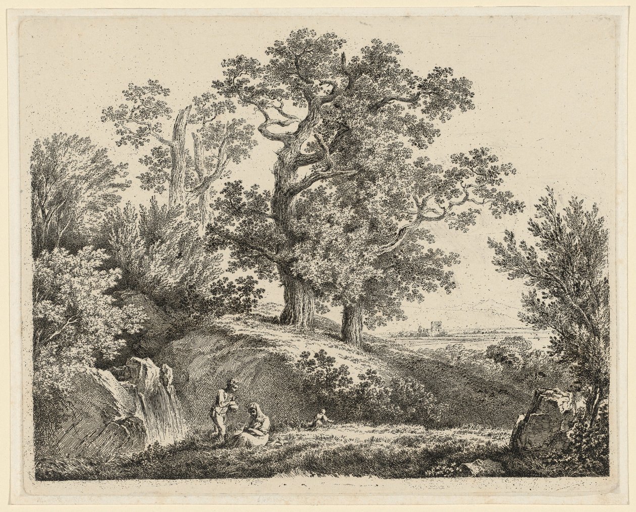 Landskap med en foss og en hvilende familie av Martin von Molitor