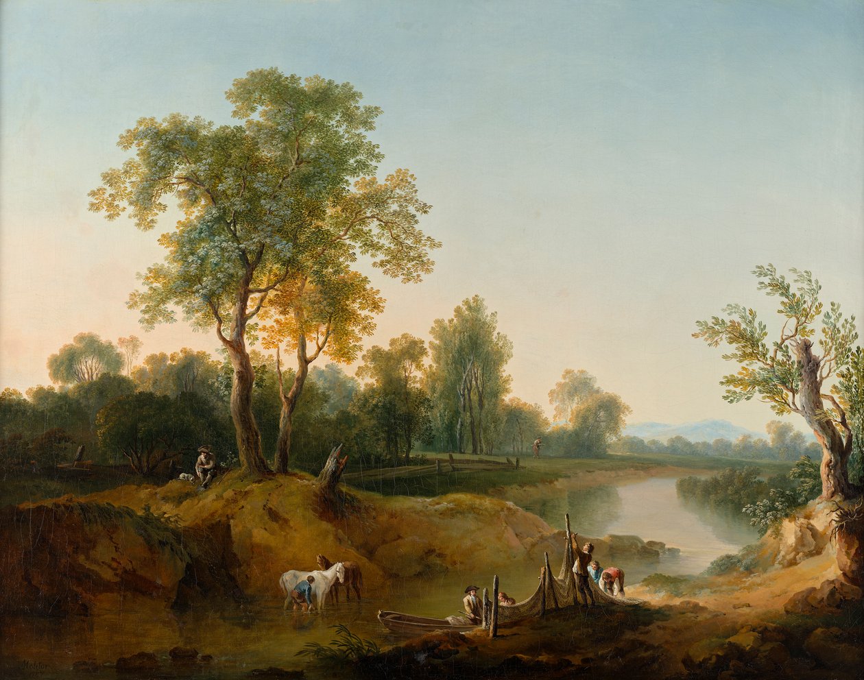 Ryttere og fiskere i et elvelandskap av Martin von Molitor