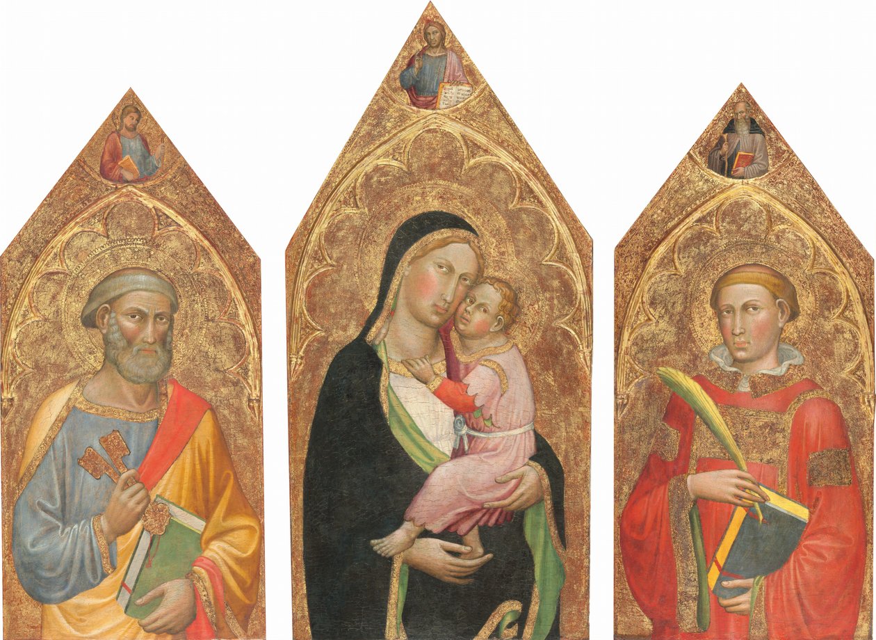 Madonna og barn med velsignelsen Kristus, og de hellige Peter, James Major, Anthony Abbott og en diakonhelgen [hele triptyken] av Martino di Bartolomeo