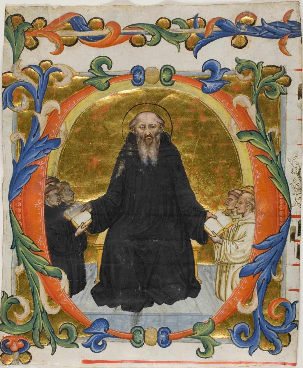 Saint Benedict presenterer sin regel for benediktiner- og cisterciensermunker i en historisk initial "O" fra en korbok av Martino di Bartolomeo di Biagio
