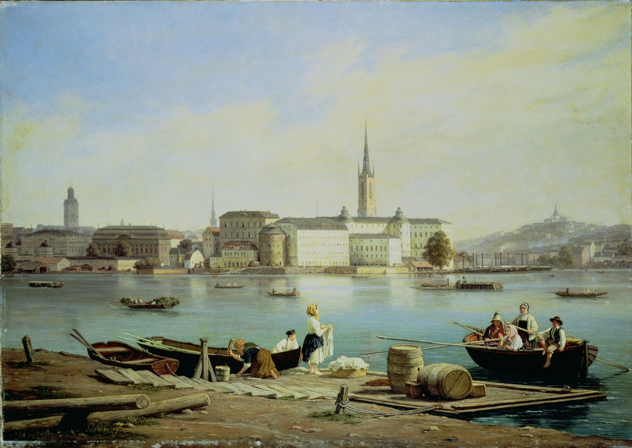 Utsikt over Riddarholmen ved Malaven med Riddarhuset og Riddarholmen kirke bortenfor, Stockholm av Martinus Rorbye