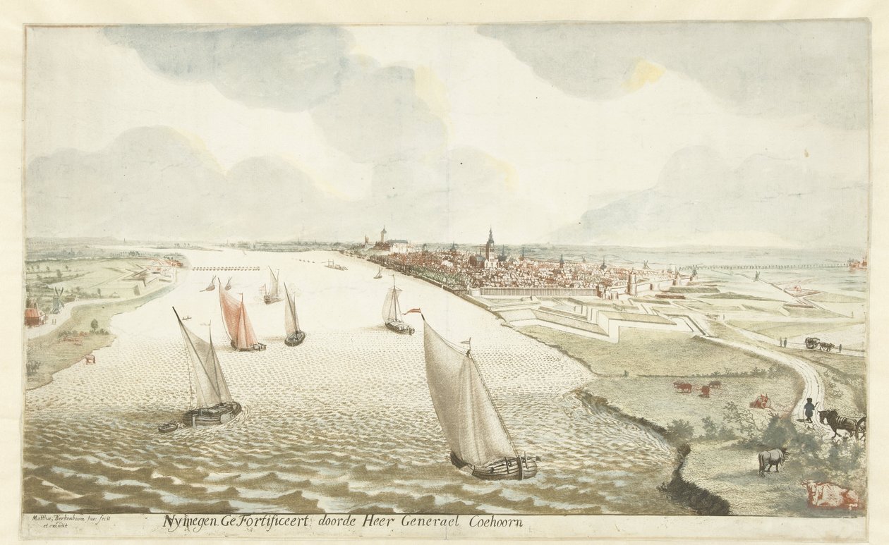 Utsikt over festningsverkene nær Nijmegen på Waal Nymegen forsterket av Sir General Coehoorn (tittel på objekt) av Martinus Berkenboom