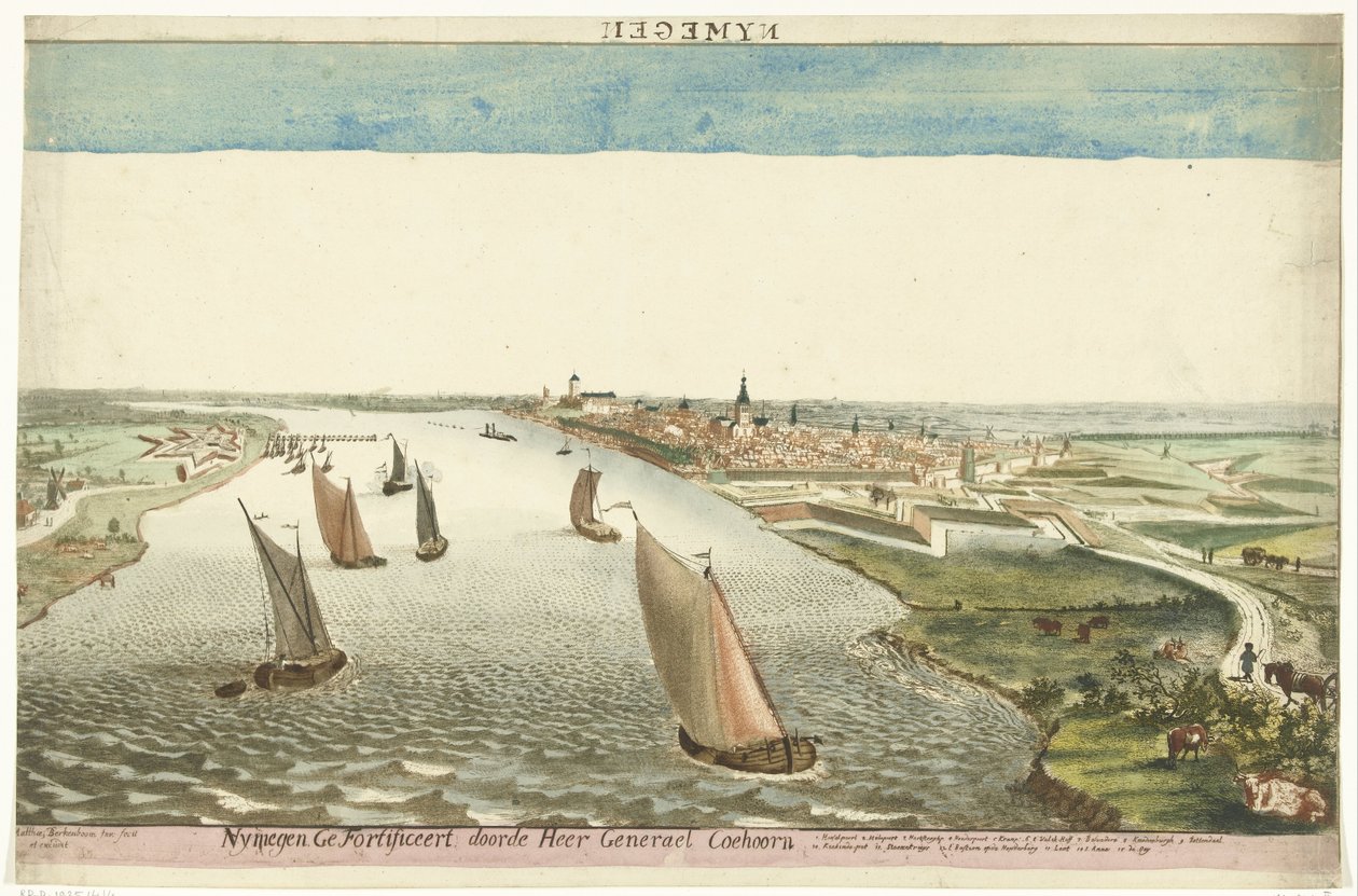 Utsikt over festningsverkene nær Nijmegen på Waal Nymegen befestet av Sir Generael Coehoorn (tittel på objekt) av Martinus Berkenboom