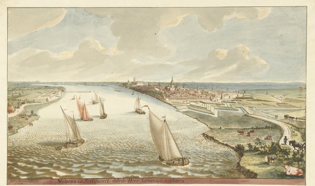 Utsikt over festningsverkene nær Nijmegen på Waal Nymegen forsterket av Sir General Coehoorn (tittel på objekt) av Martinus Berkenboom