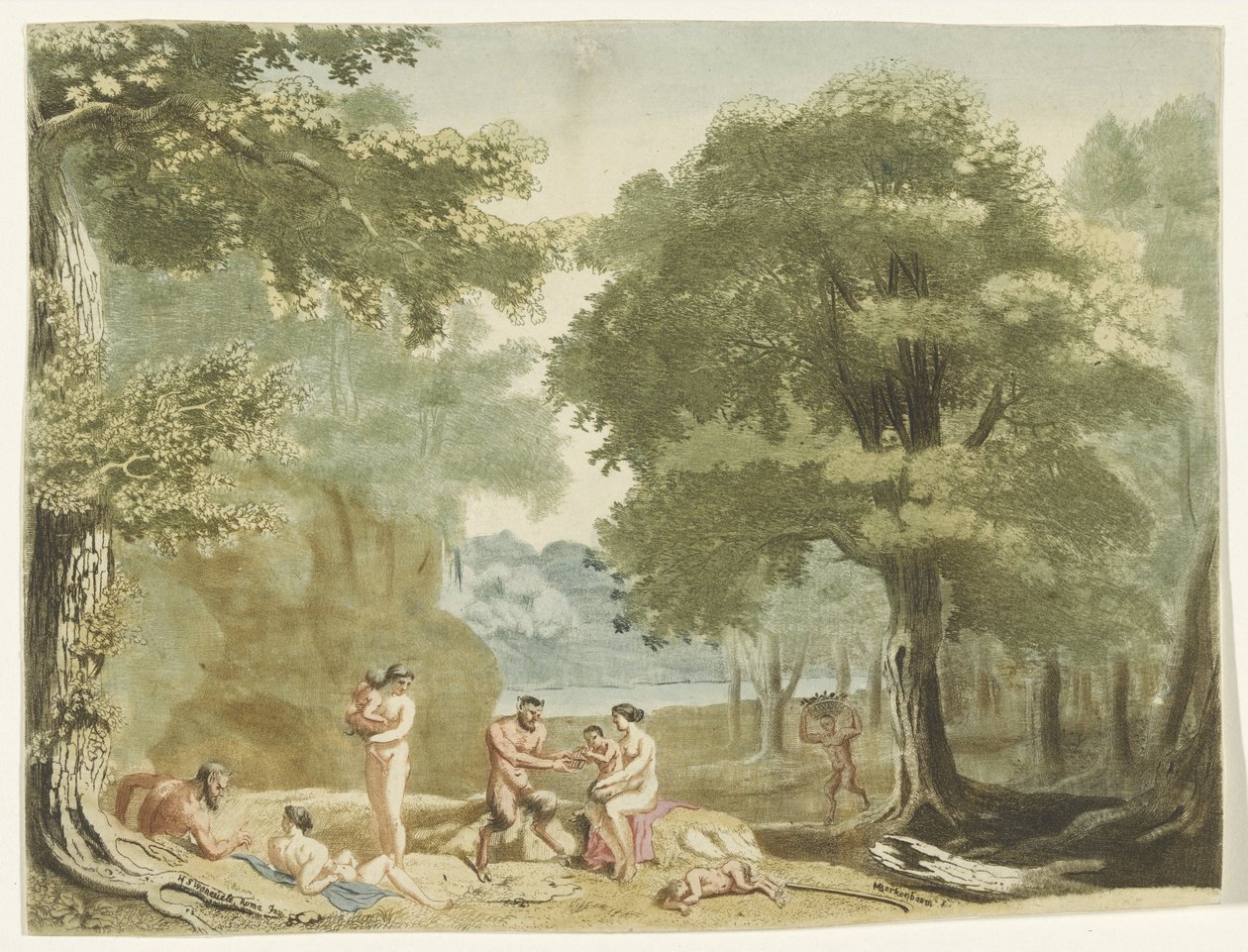Nymfer og satyrer i et landskap. av Martinus Berkenboom