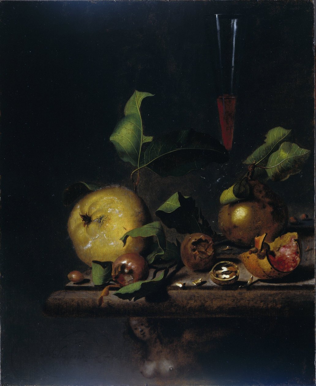Stilleben med kveder, medlars og et glass av Martinus Nellius