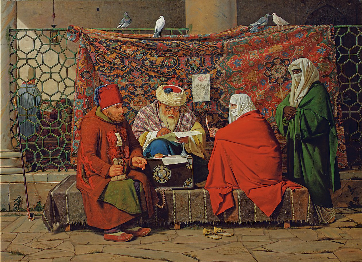 En tyrkisk notarius tegner en ekteskapskontrakt foran Kilic Ali Pasha-moskeen, Tophane, Cinstantinopel av Martinus Rorbye