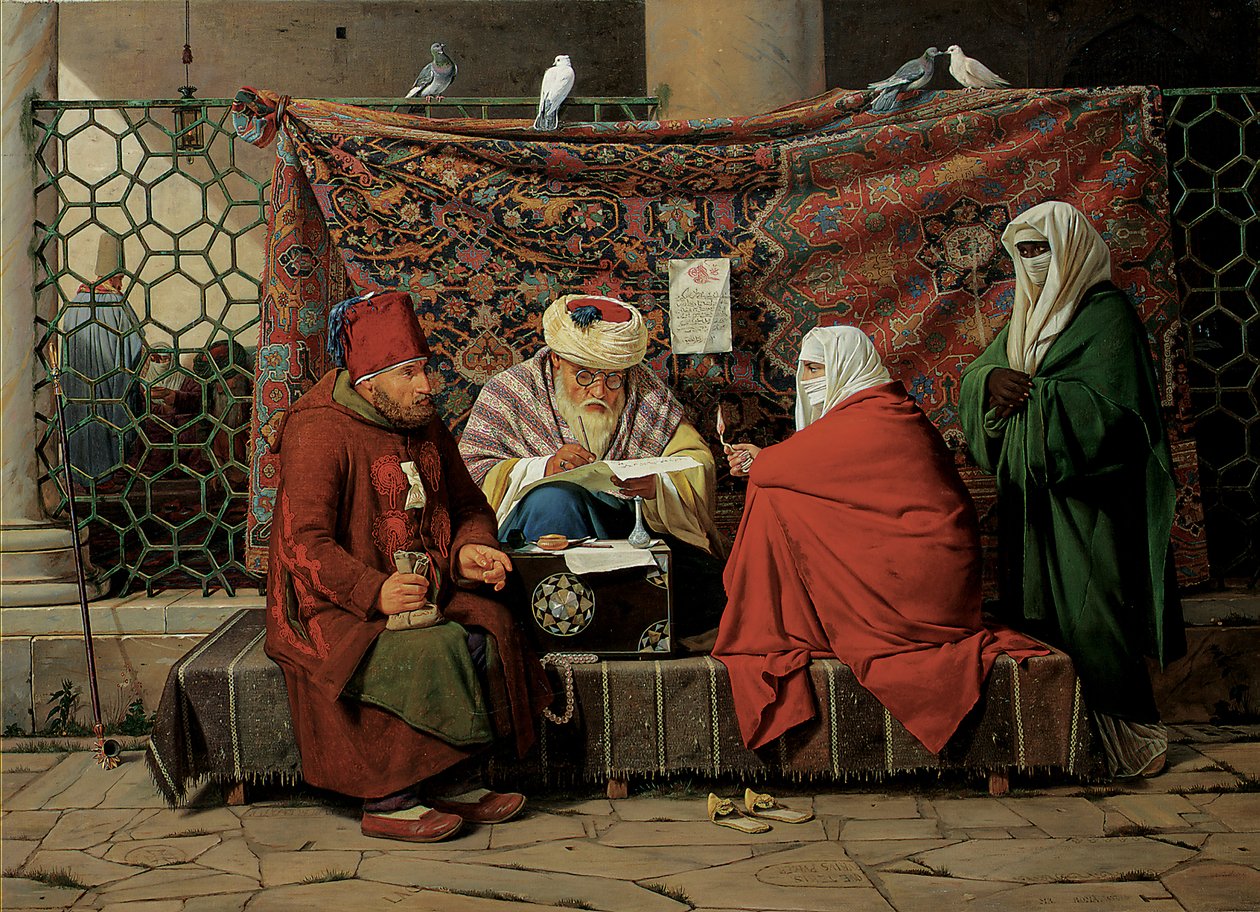 En tyrkisk notarius tegner en ekteskapskontrakt foran Kilic Ali Pasha-moskeen, Tophane, Cinstantinopel, 1837 av Martinus Rorbye