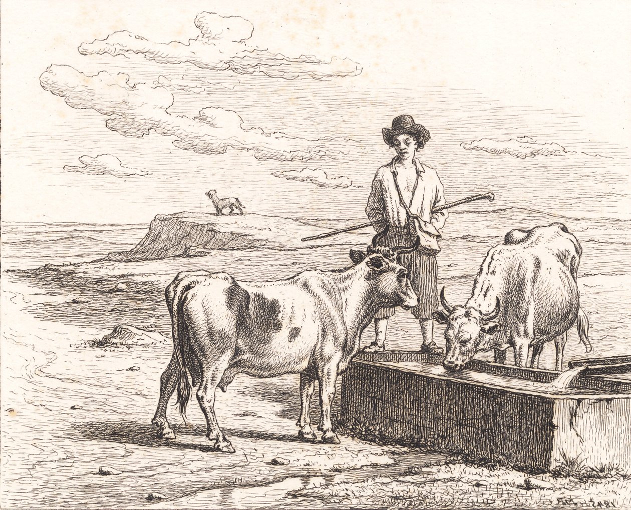 En gjetergutt ved et vanningstrau. Illustrasjon for Chr. Winther "Tjuefem bilder for små barn" av Martinus Rørbye