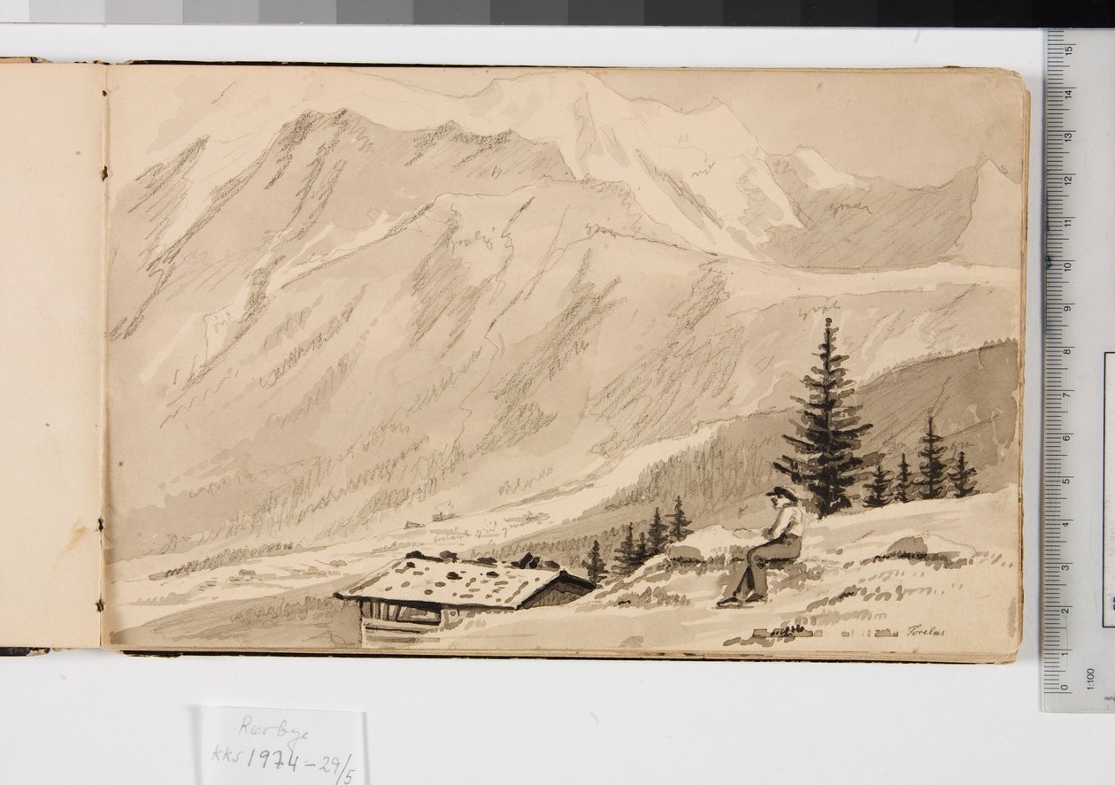 Landskap ved Chamonix, Frankrike. I forgrunnen en innsjø av Martinus Rørbye