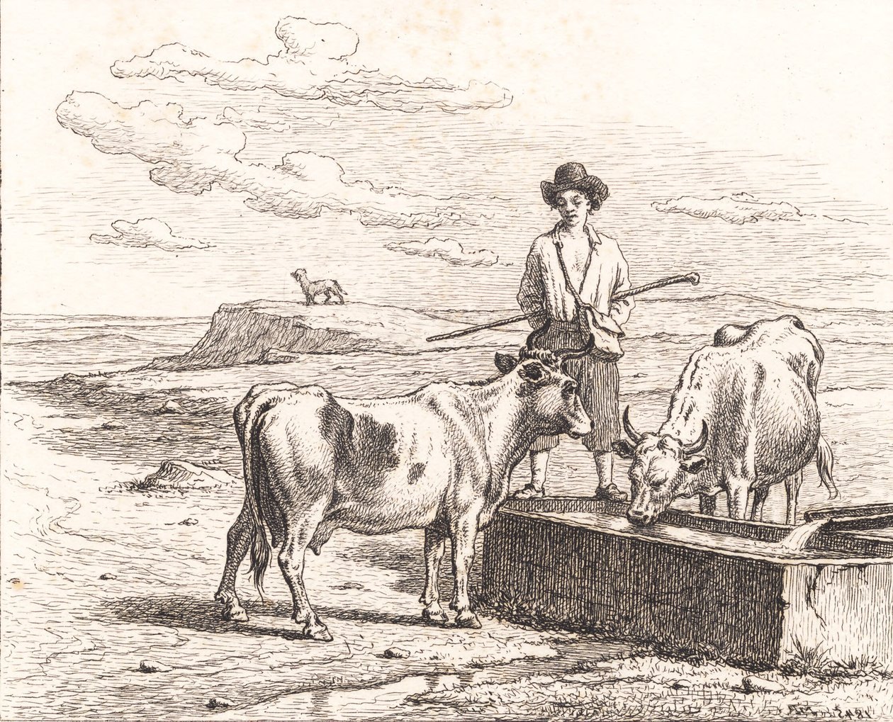En gjetergutt ved et vanningstrau. Illustrasjon for Chr. Winther "Tjuefem bilder for små barn" av Martinus Rørbye