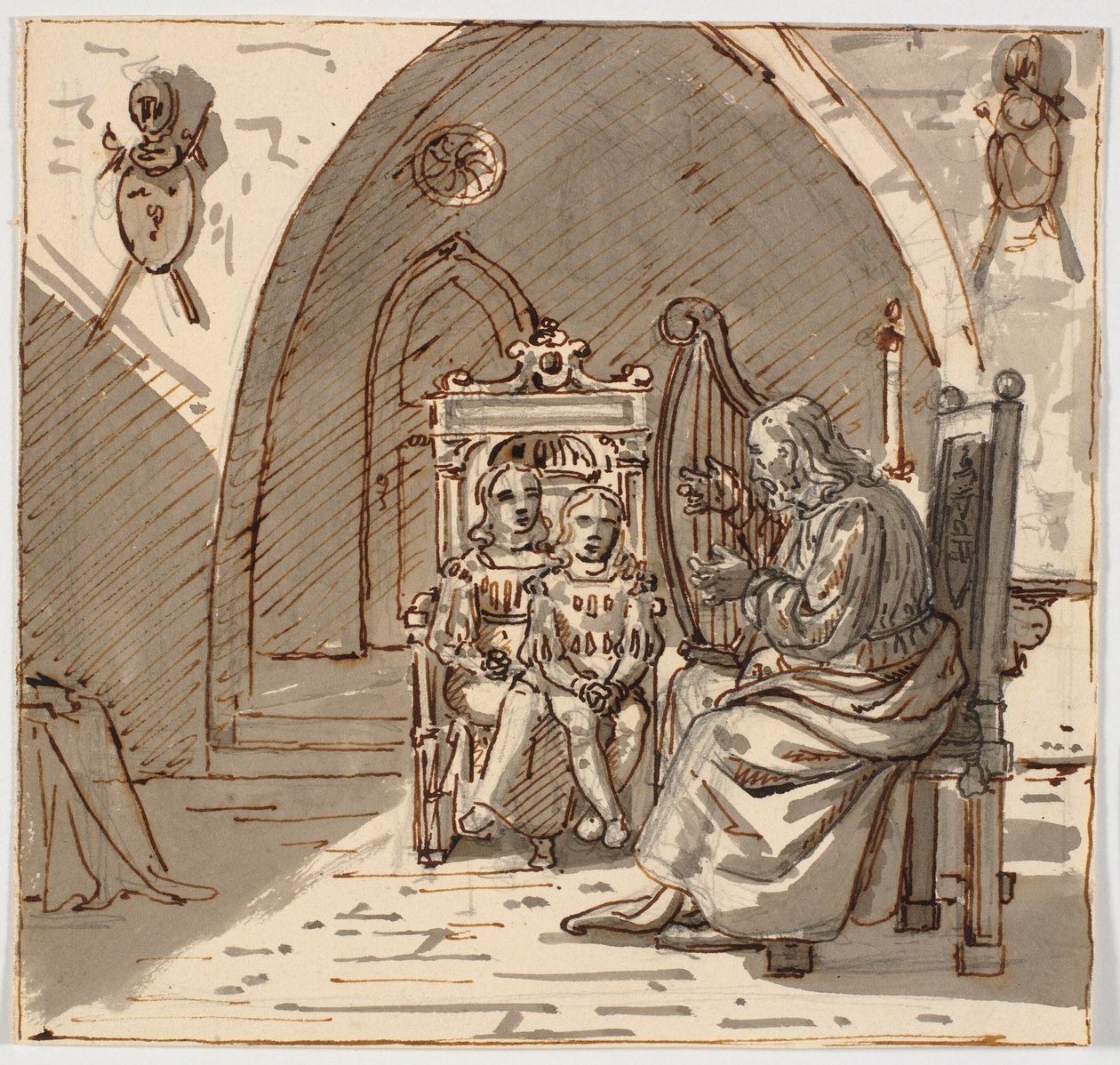 "gotisk" scene. En skald spiller harpe for to barn på en trone av Martinus Rørbye